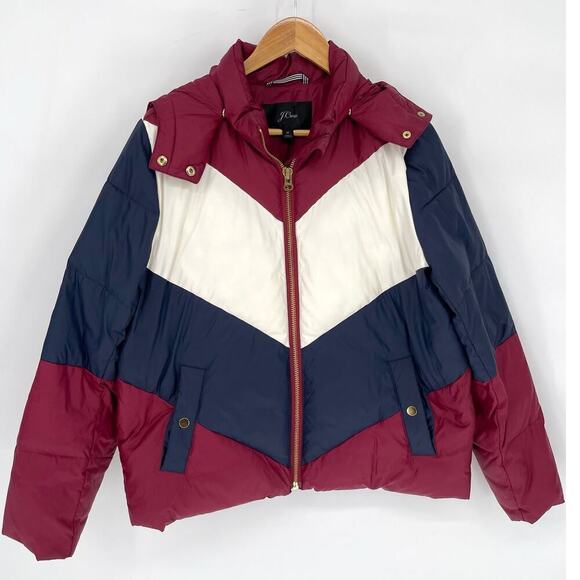 J. Crew Maroon White Blue Colorblock Puffer Jacket with Primaloft size Medium - Picture 3 of 15